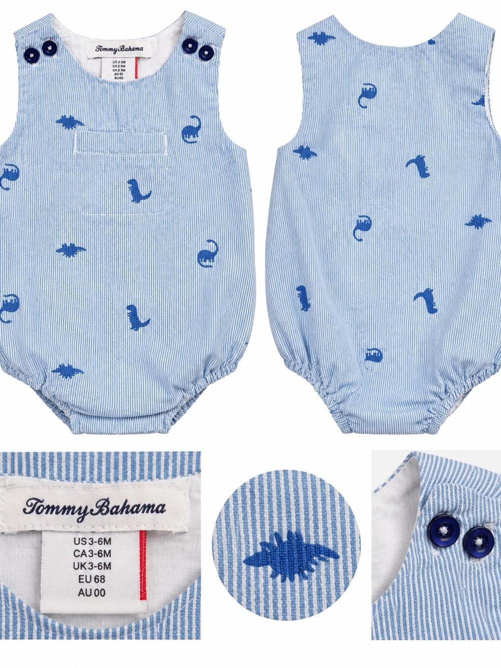 Tommy Bahama Baby Boy Dinosaur Seersucker Romper 3-6M Blue
